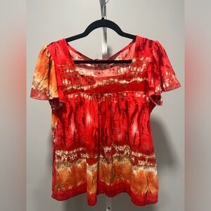 Dressbarn Red Orange Tie-Dye Short Flutter Sleeve Top Oversized Size Small